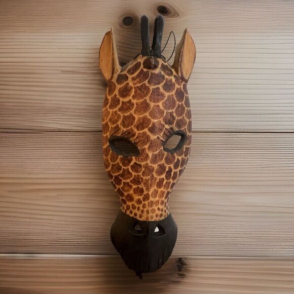VINTAGE HAND CARVED WOOD GIRAFFE HEAD TRIBAL MASK WALL ART Approximately 15” - Picture 12 of 16